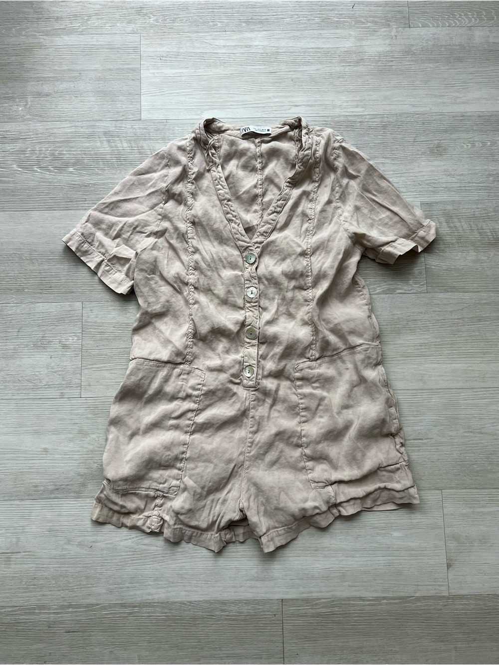 Zara Linen Blend Romper Women’s L Beige Button Front Utility Playsuit Pockets